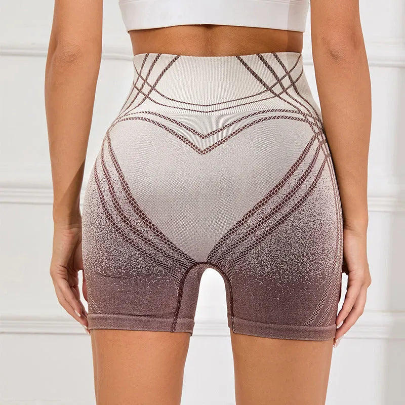 Women's black and brown gradient high-waisted fitness shorts for running and yoga