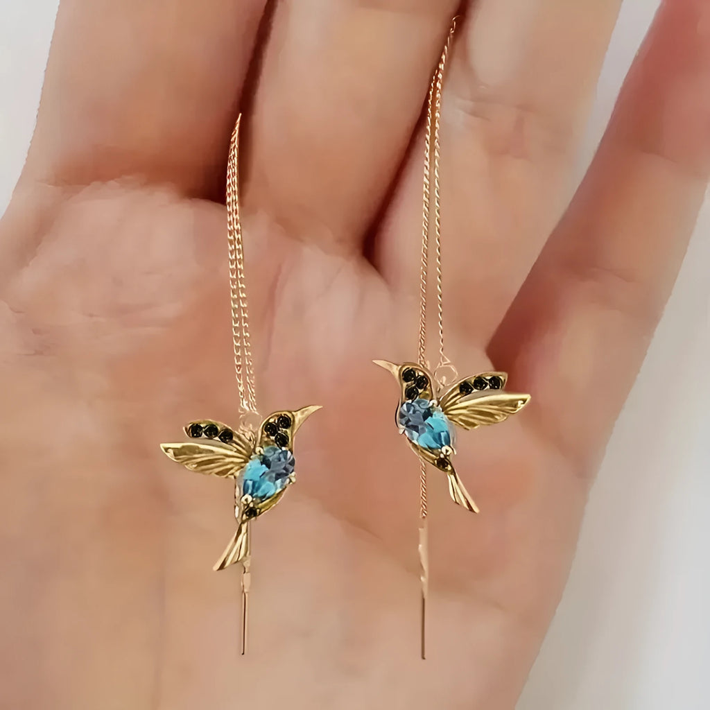 Bird hanging long drop earrings with mixed zirconium wings in red, blue, and red lvzuan colour options