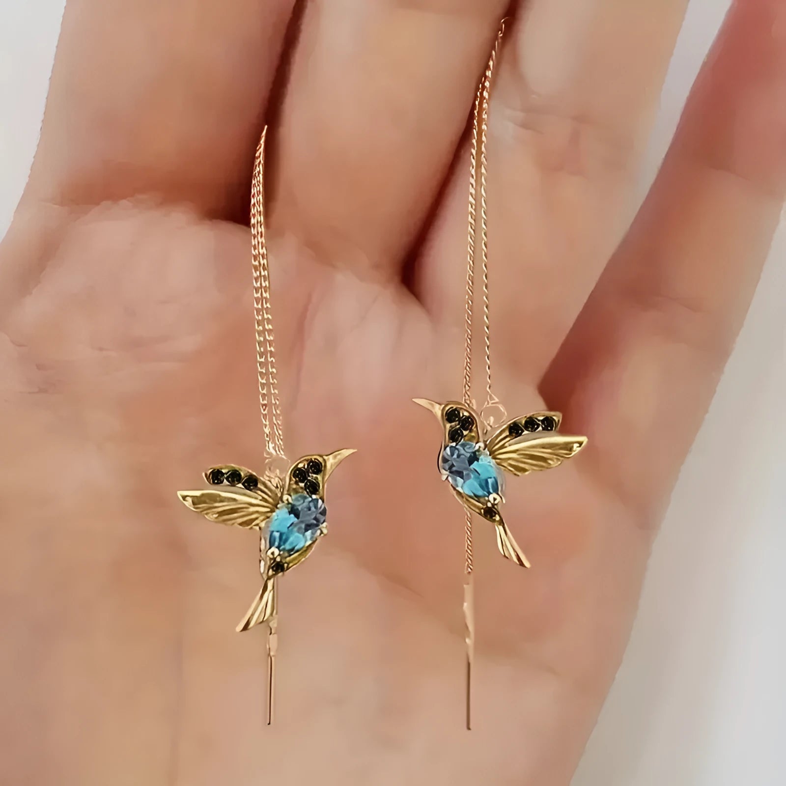 Bird hanging long drop earrings with mixed zirconium wings in red, blue, and red lvzuan colour options