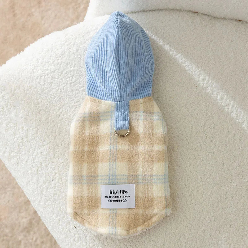 Blue and yellow corduroy hooded dog vest with chessboard grid pattern and traction point