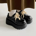 Matte black women's lace-up ankle boots with a chunky heel and thick sole.