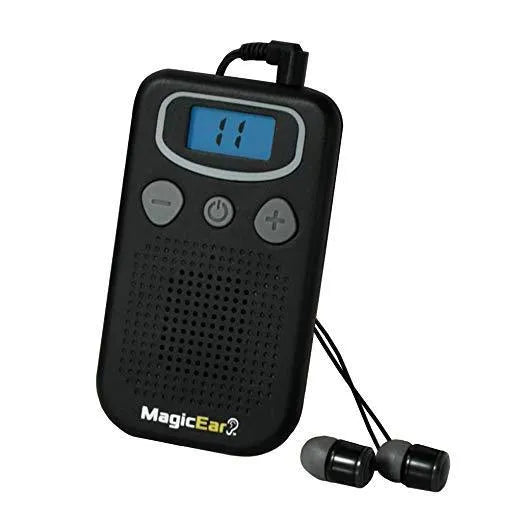 Digital display personal voice enhancer hearing aid booster designed like a handheld FM radio.