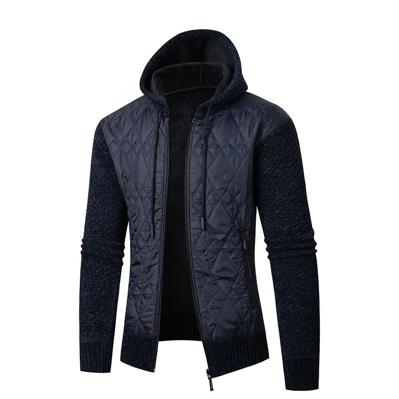 A grey men's hooded corduroy sweater coat with a cinched waist, shown on a hanger.