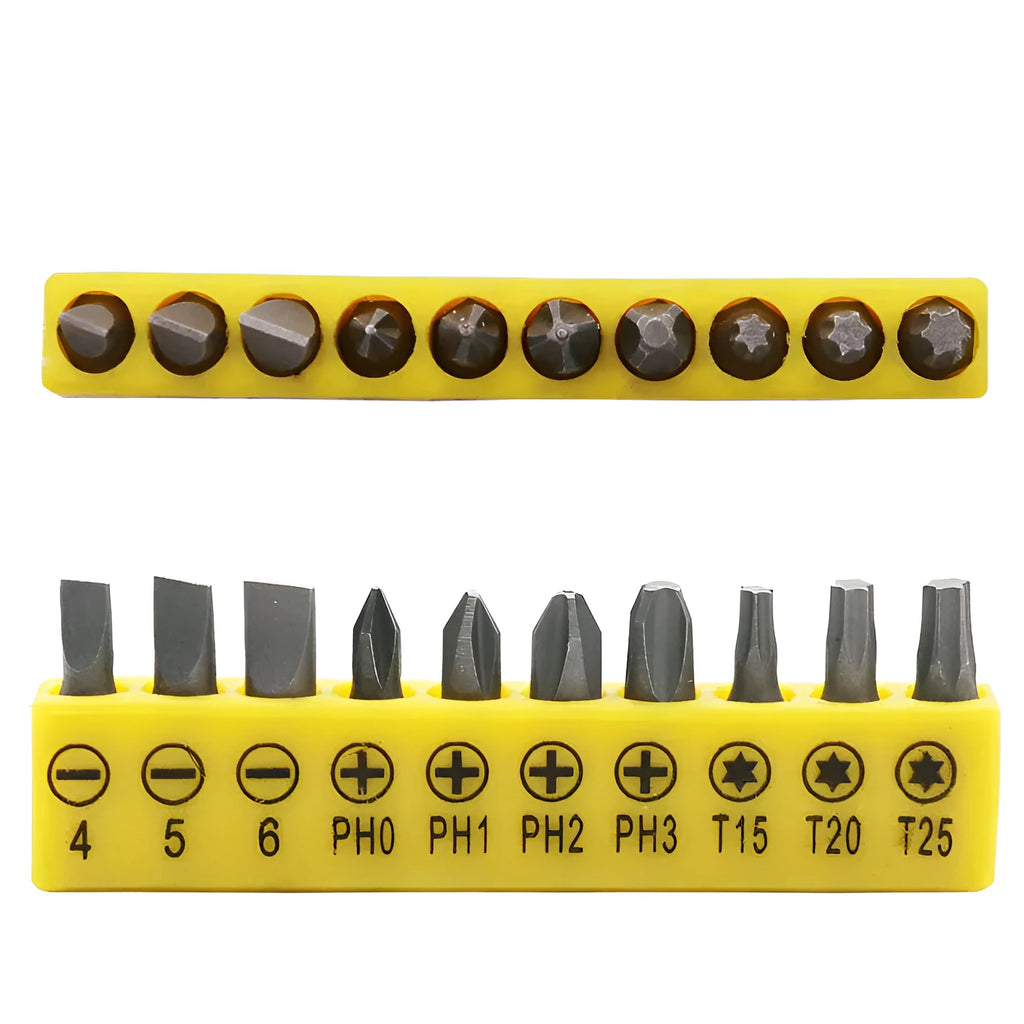 L-shaped double-headed socket wrench with 10 screwdriver bits and matching socket wrenches