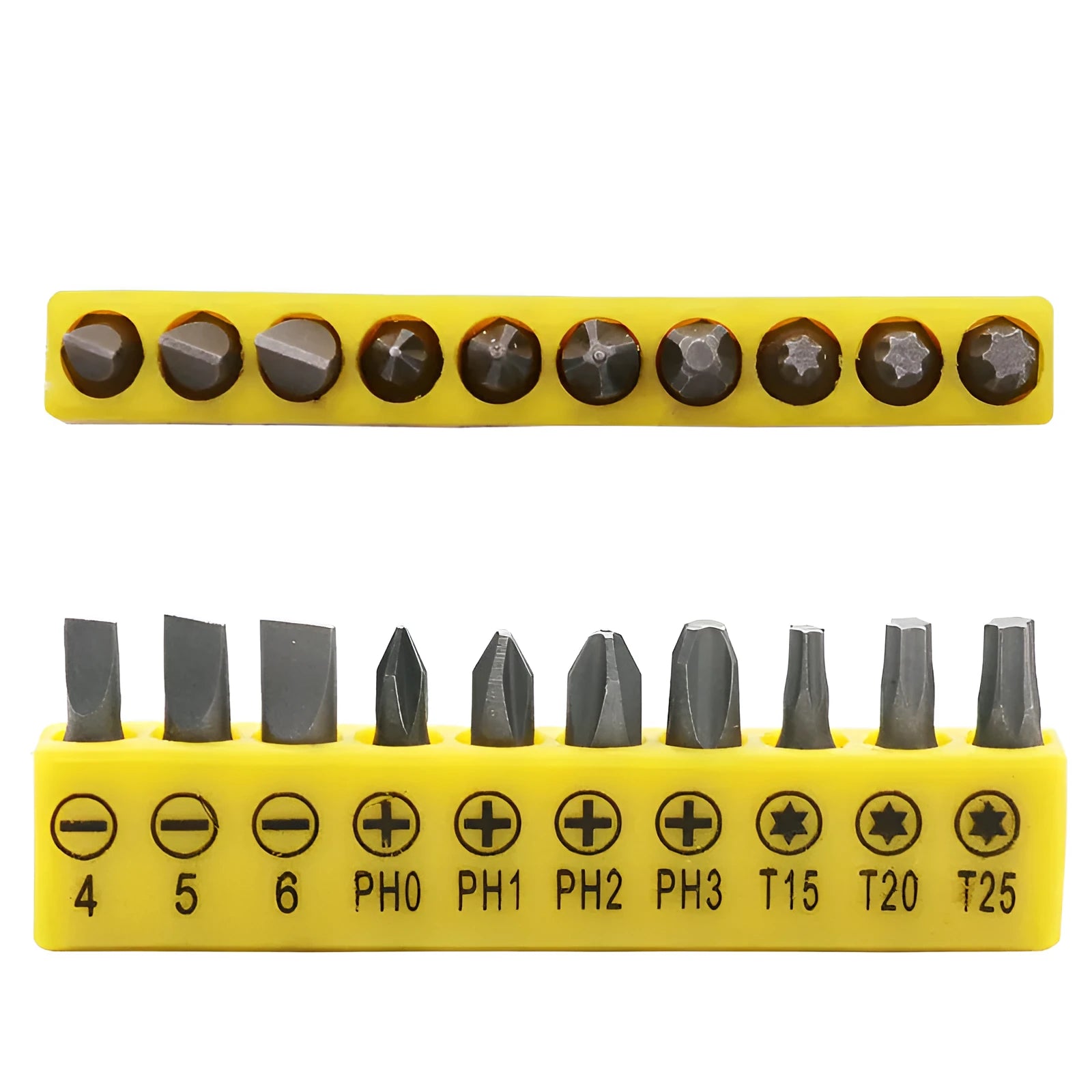 L-shaped double-headed socket wrench with 10 screwdriver bits and matching socket wrenches