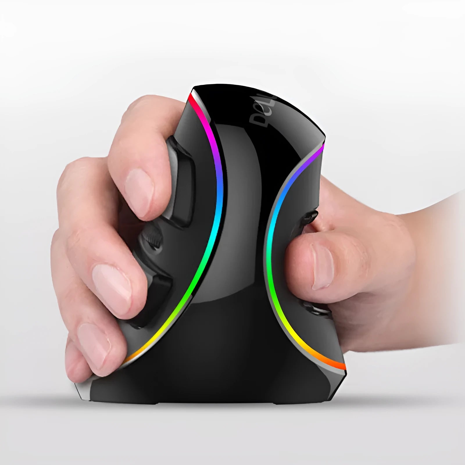 White vertical ergonomic computer mouse with RGB lighting, shown on a desk.