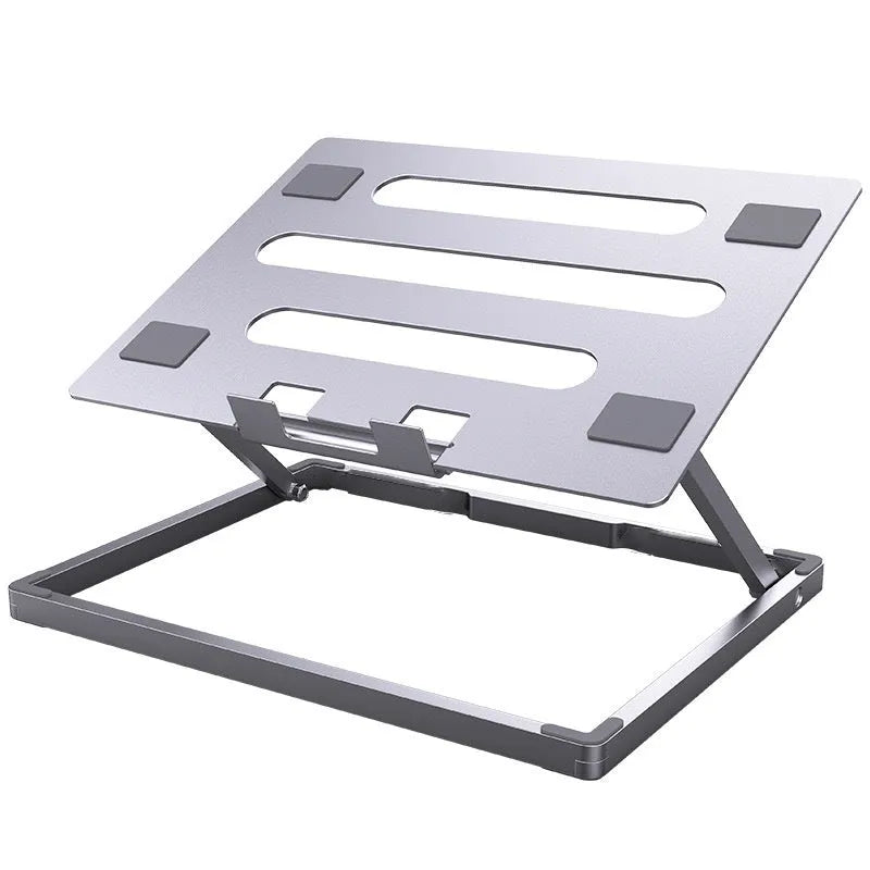 Aluminium alloy folding laptop cooling rack stand shown on a desk