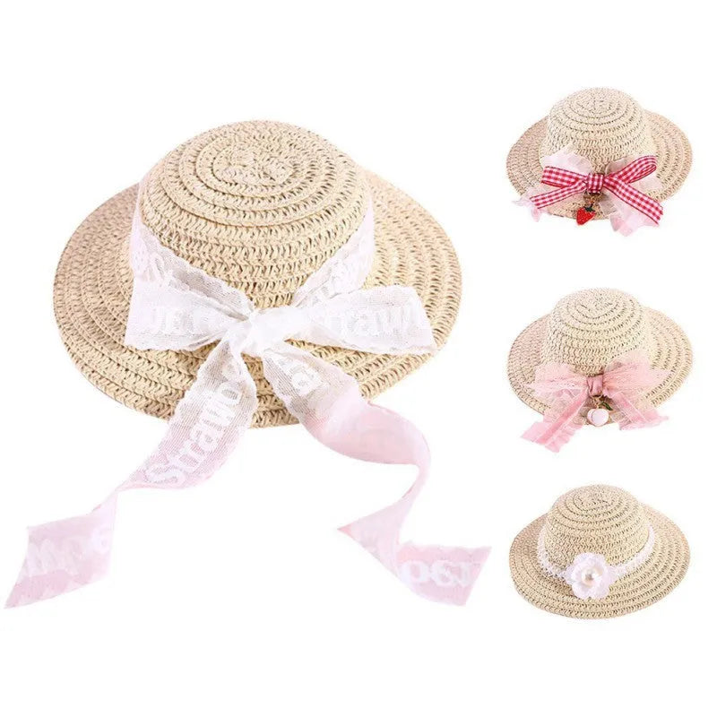 Handmade adjustable paper pet hat with a large bowknot for a dog or cat, shown in a cartoon style.