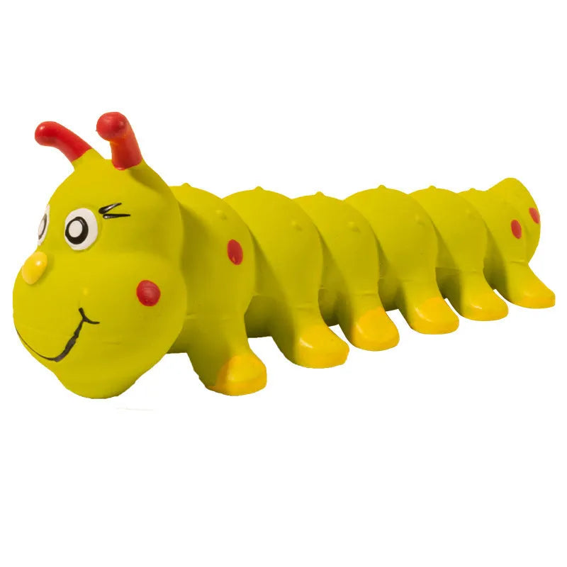 Yellow caterpillar-shaped rubber squeaky dog toy for small medium breeds.