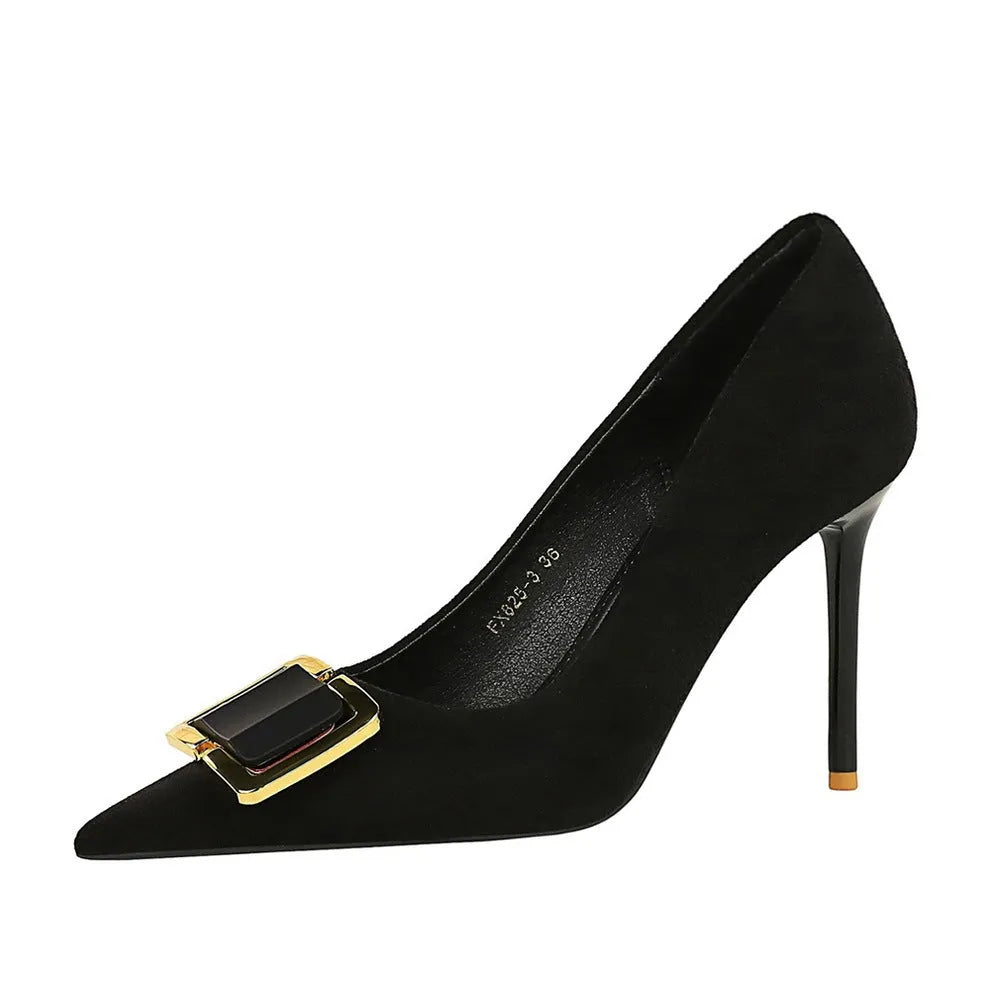 Black suede women's stiletto heels with 9cm heel height and pointed toe