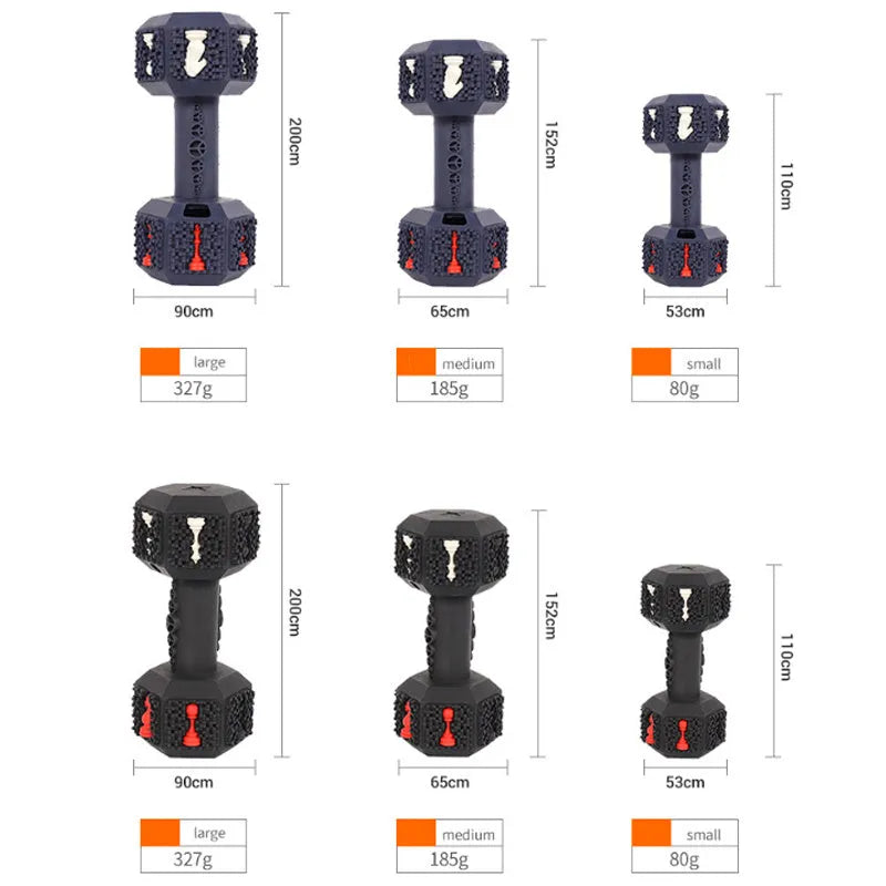 Heavy-duty dog chew toy dumbbell shape with hollow ends for treats in black or blue colour