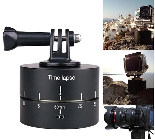 360-degree auto rotate camera tripod head base on a tripod with a GoPro camera attached