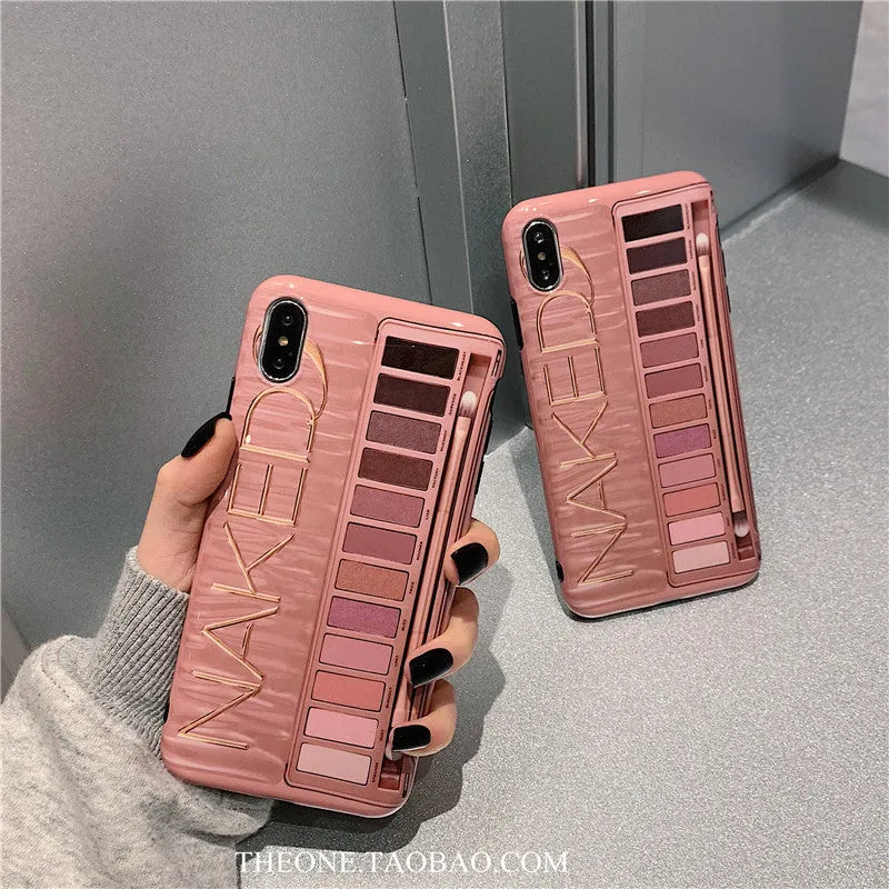 Silicone iPhone case with printed eye shadow colour palette design in flesh colour.