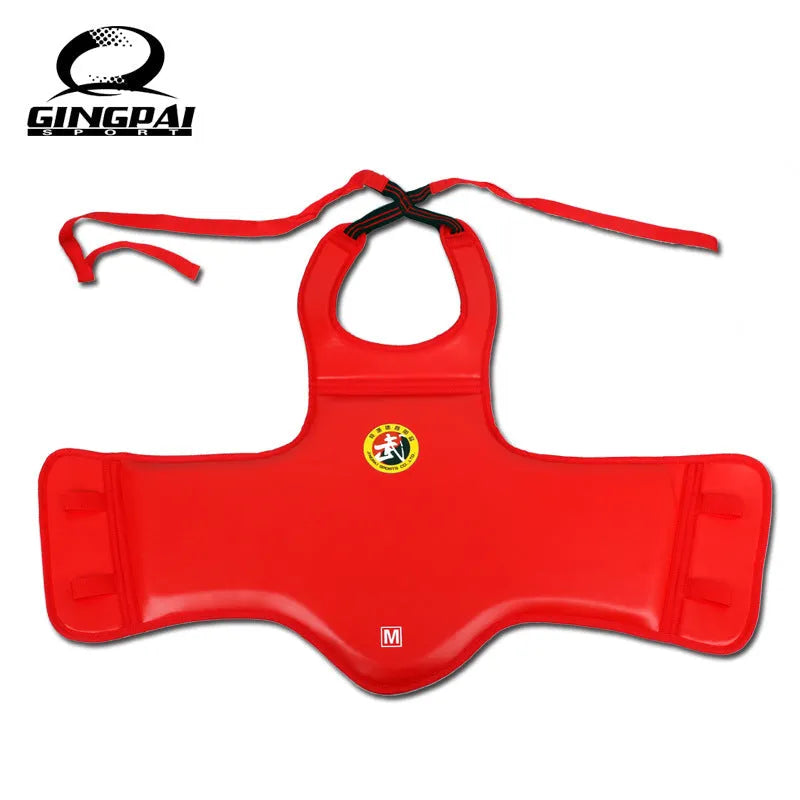 One-piece boxing chest protector in red, blue, or black, made from PU leather.
