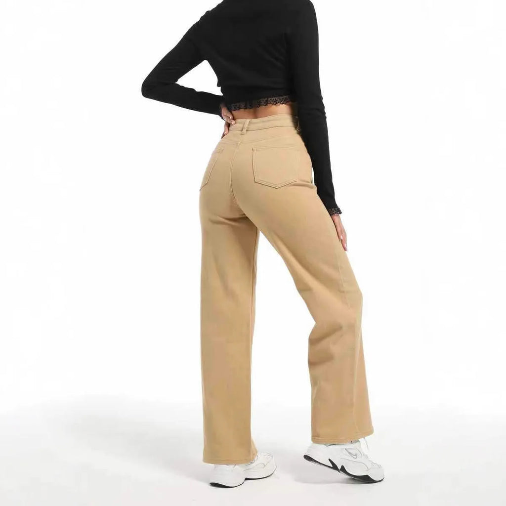 Women's straight wide-leg autumn jeans in apricot colour with high waist design