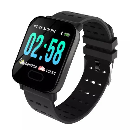 A6 smart bracelet with colour screen and silicone strap in black, blue or orange colours