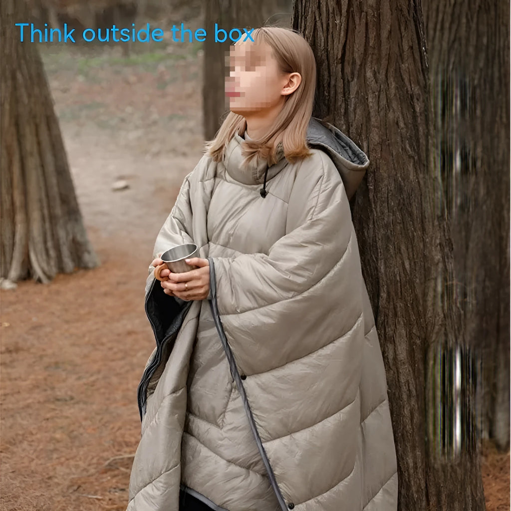 Outdoor cloak sleeping bag wearable as cape shawl with 200x140cm dimensions and hollow cotton filling