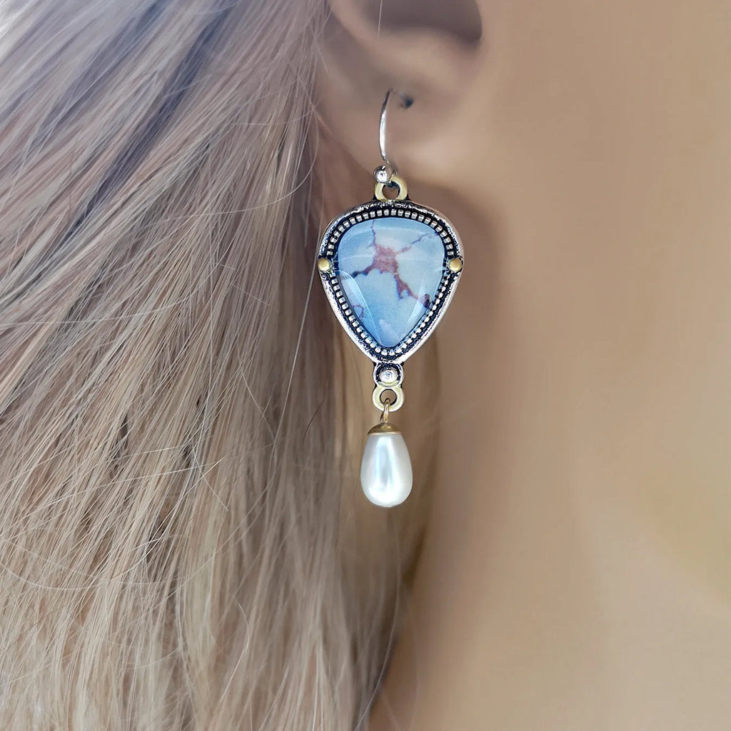 Lavender turquoise blue and white pearl drop earrings with electroplated metal geometric design