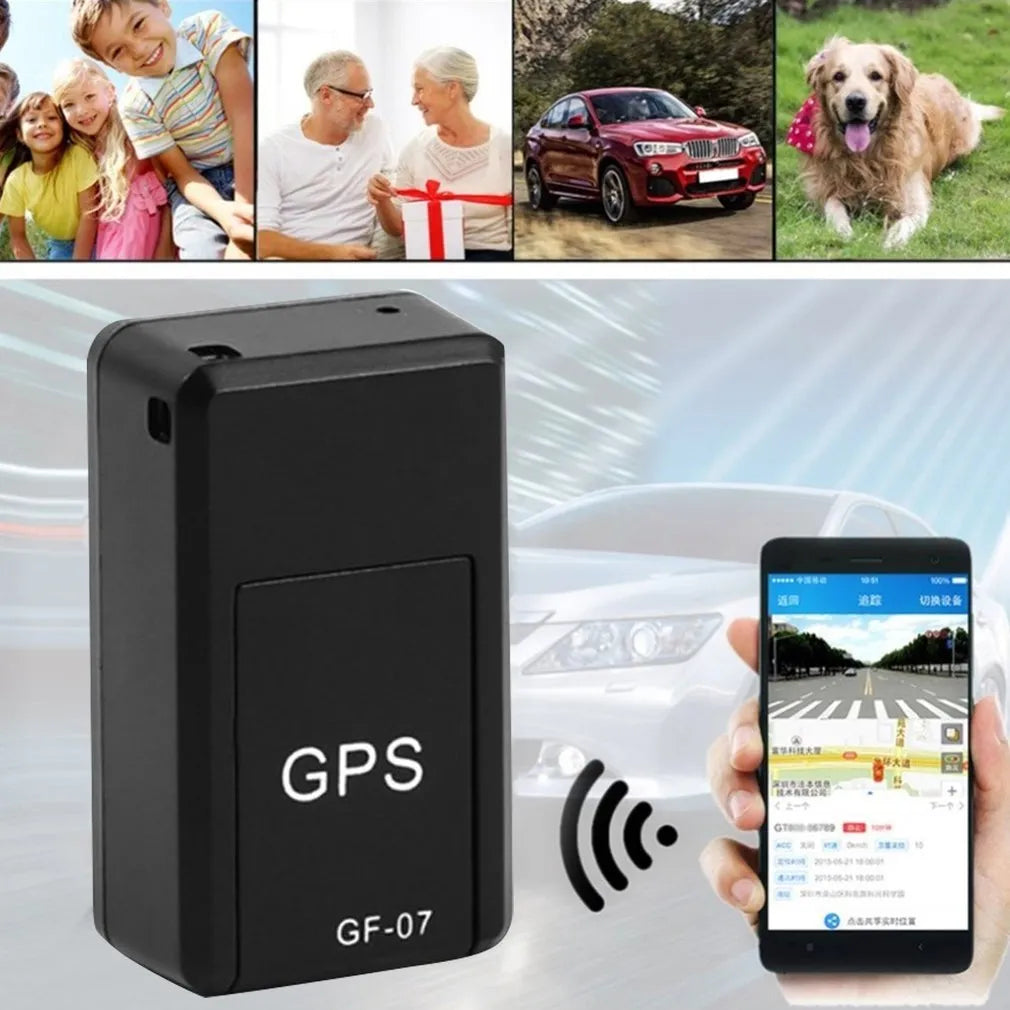 Black plastic mini magnetic GPS car tracker measuring 35×20×14mm with USB charging cable