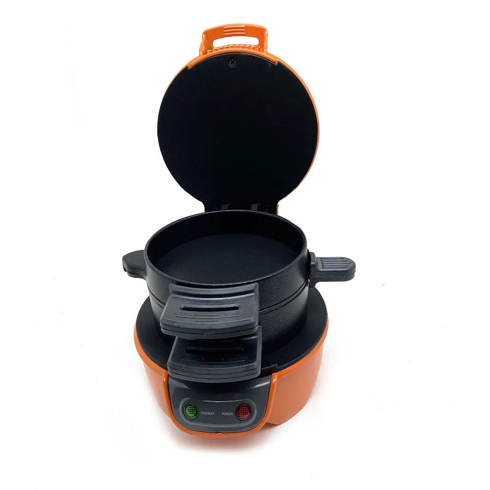 Household breakfast sandwich maker with egg cooker ring in bright red, orange or silver grey colour