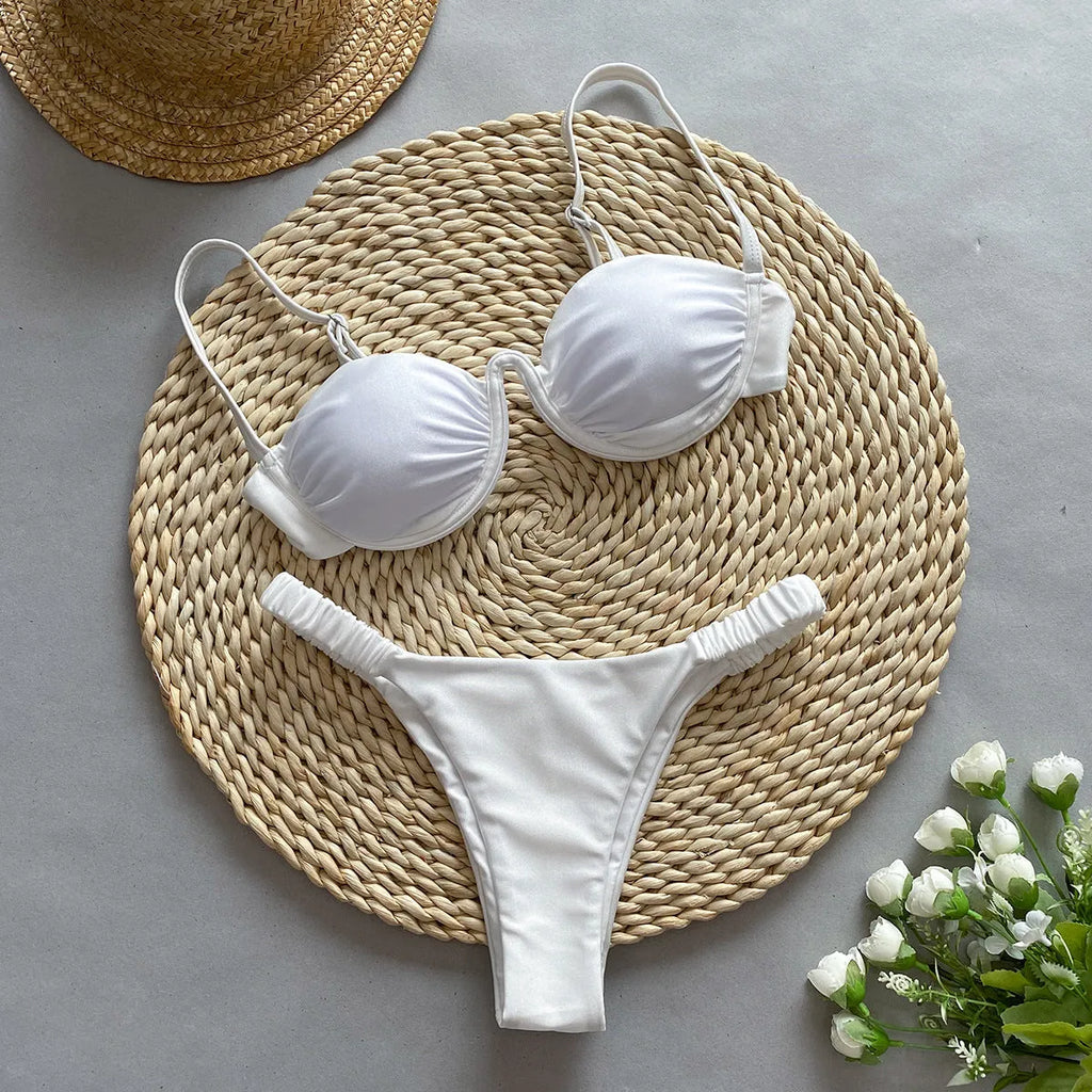 Women's underwire bikini swimsuit set in black, khaki or white with split briefs design.