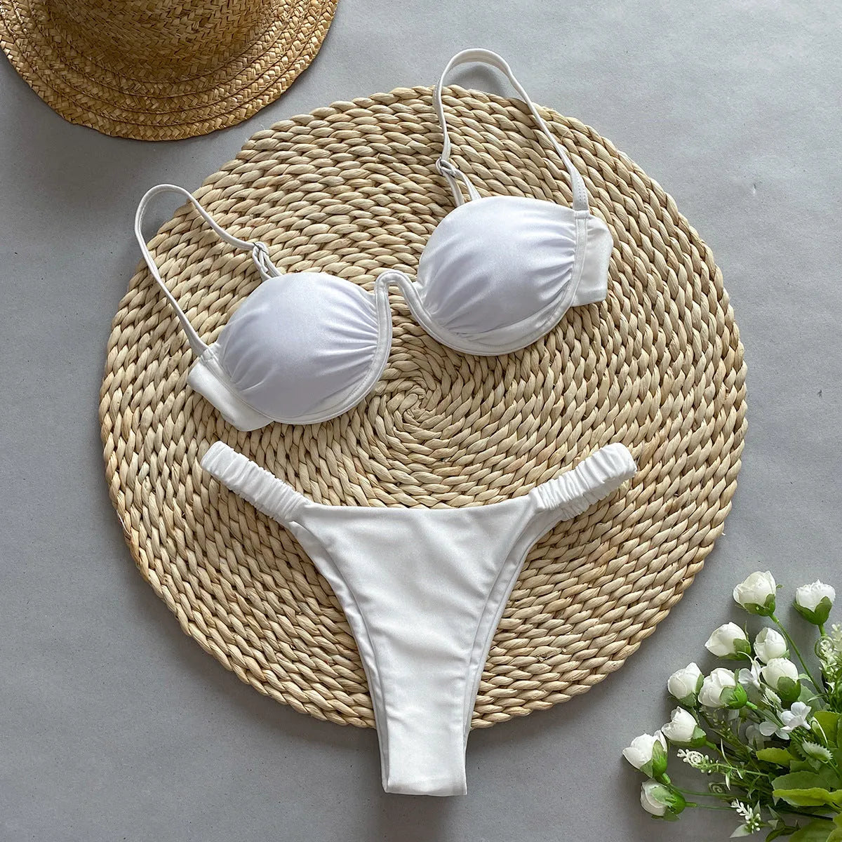 Women's underwire bikini swimsuit set in black, khaki or white with split briefs design.