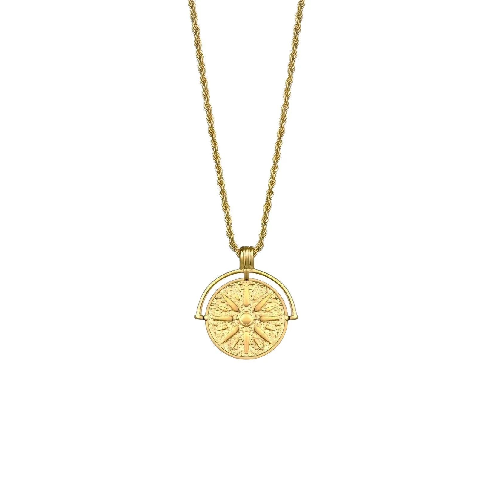 Gold titanium steel necklace with embossed sunflower pendant and geometric star elements on adjustable chain