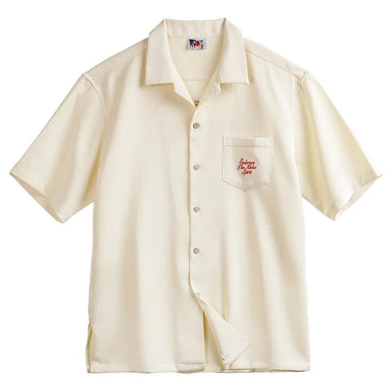 Men's light apricot Cuban collar shirt with bamboo and floral pattern