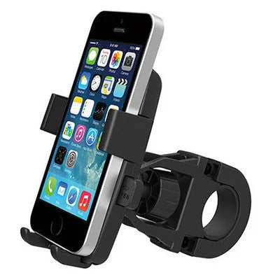 Black ABS plastic bicycle mobile phone holder with a secondary safety strap, mounted on handlebars.