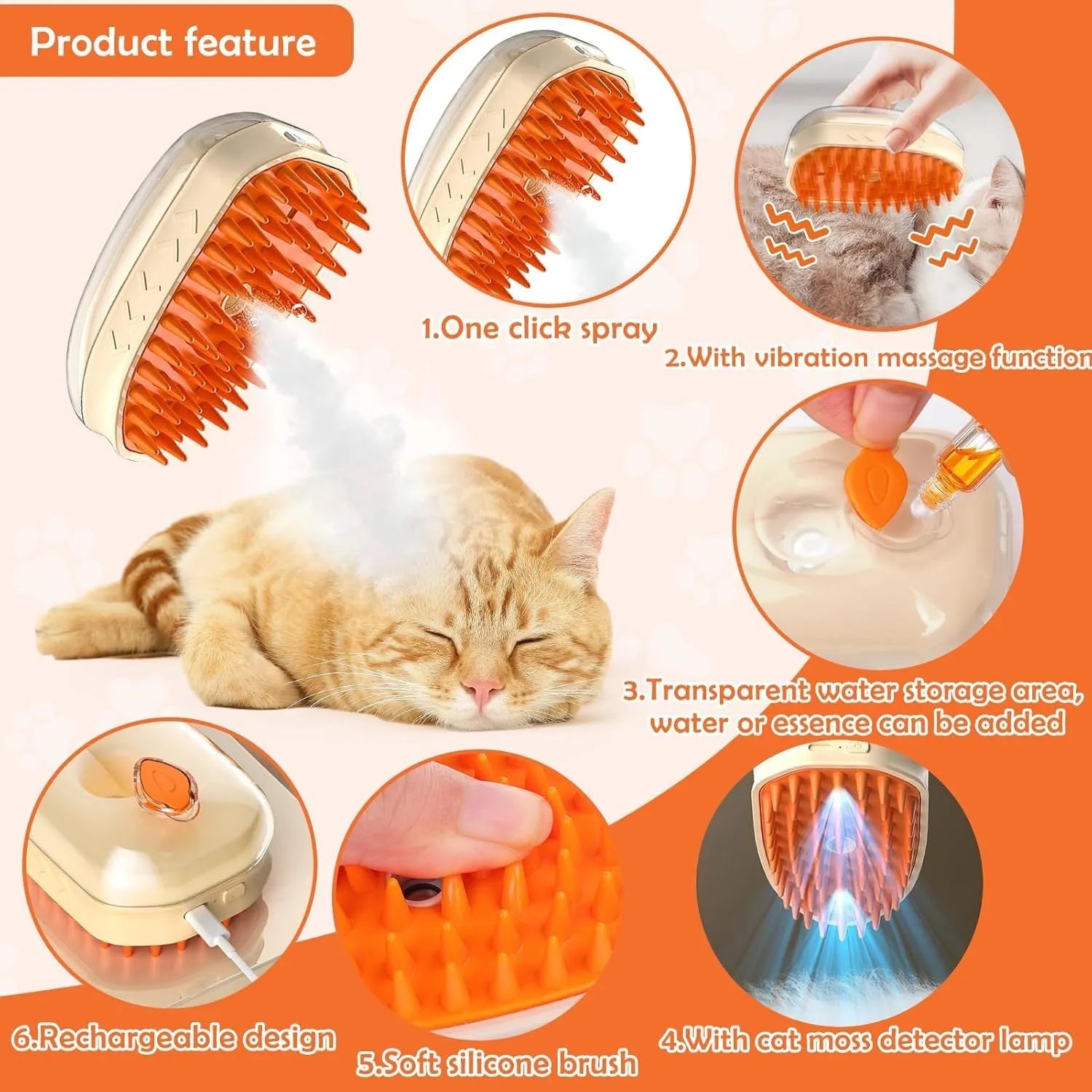 Yellow 4-in-1 cat steam brush with silicone teeth, water tank, USB port, and UV ringworm detection lamp.