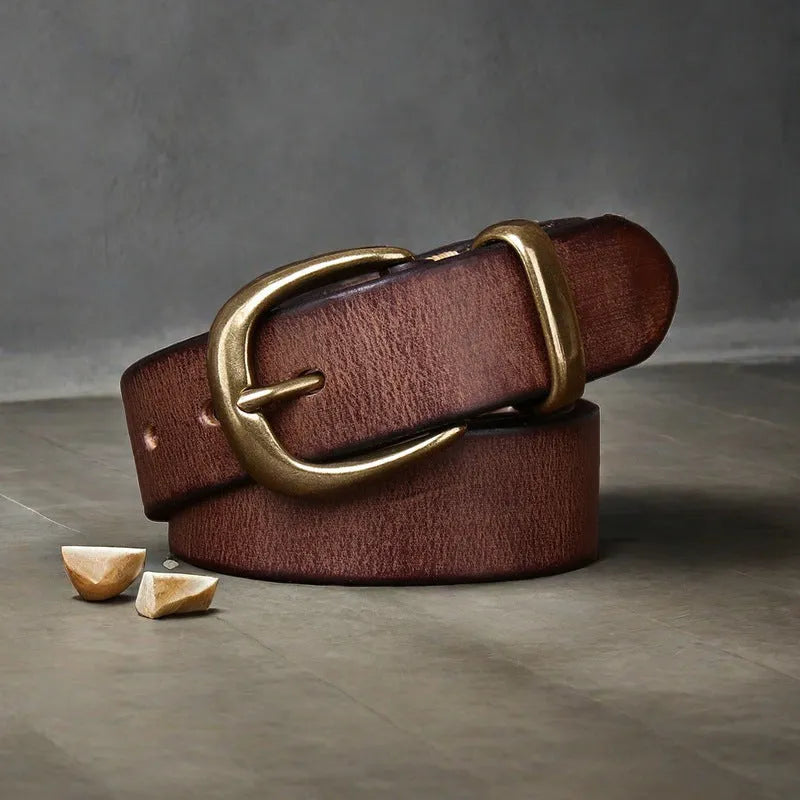 Men's cattlehide leather casual belt with copper pin buckle in black, brown or khaki colour