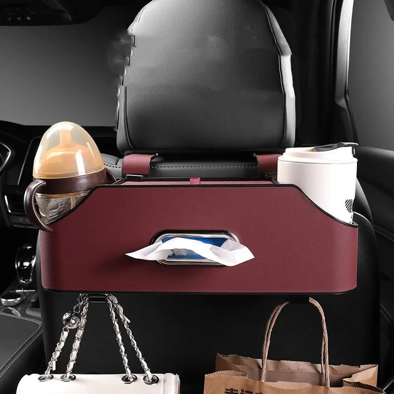 Genuine leather car tissue box holder with 2L storage capacity suspended in vehicle