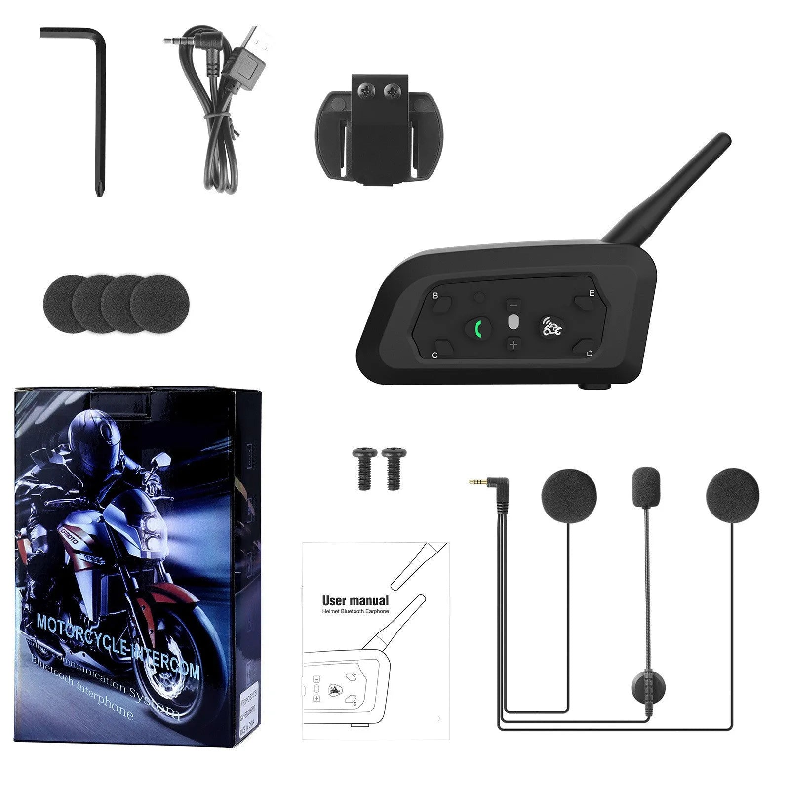 V6 Pro motorcycle helmet Bluetooth intercom unit with headphone and mounting accessories.