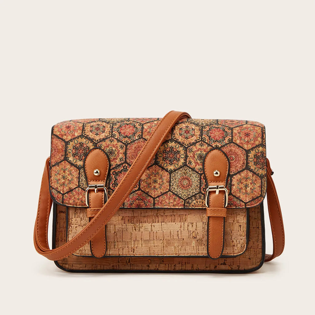 Printed PU leather crossbody bag with single adjustable shoulder strap in pansy square print grass flower or green colours