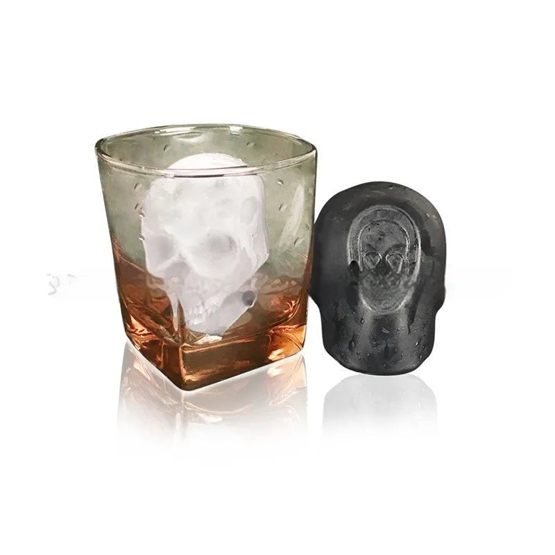 3D Halloween skull ice maker silicone tray producing a single large skull ice cube.