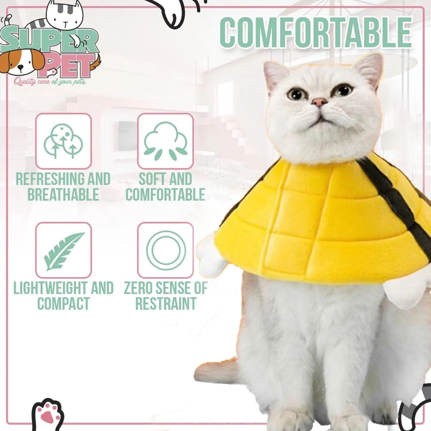 Soft adjustable cat cone collar with bee design and Velcro closure in four sizes