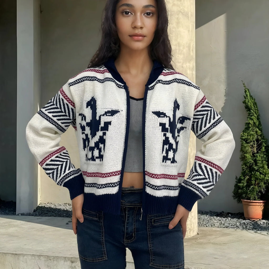 White women's zip-front cardigan sweater with contrast stripe pattern and lapel collar.