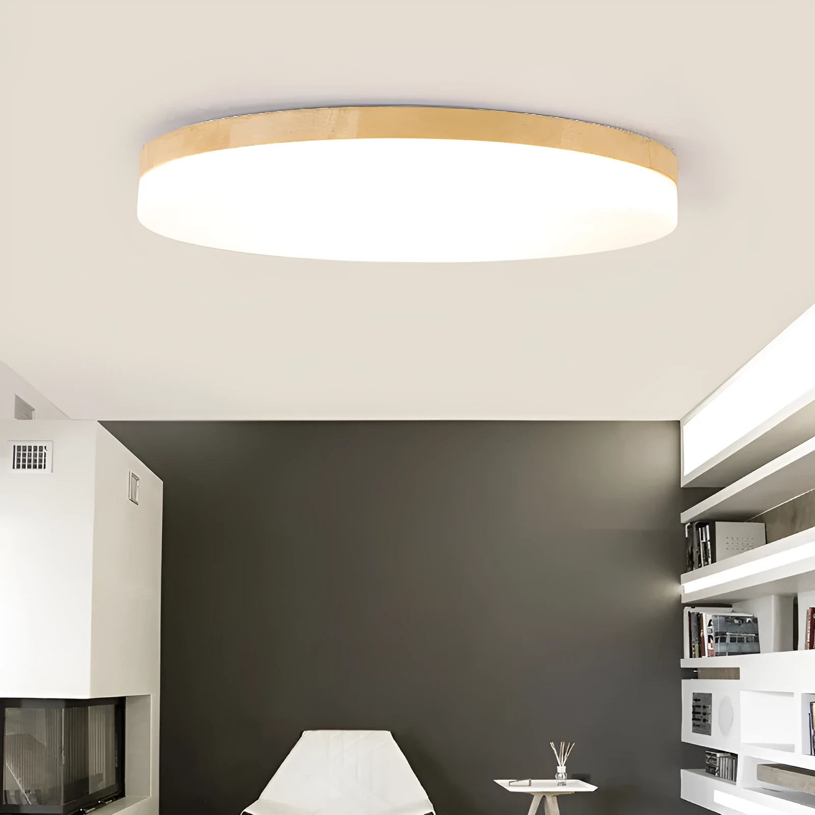 Japanese minimalist LED ceiling lamp with wood art body and acrylic shade in three size options