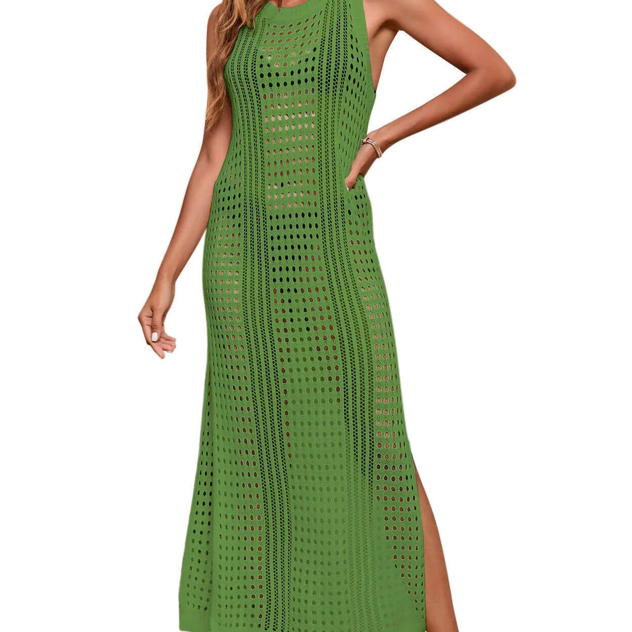 Long loose apricot coloured knitted beach blouse for women worn as a swimsuit cover-up.