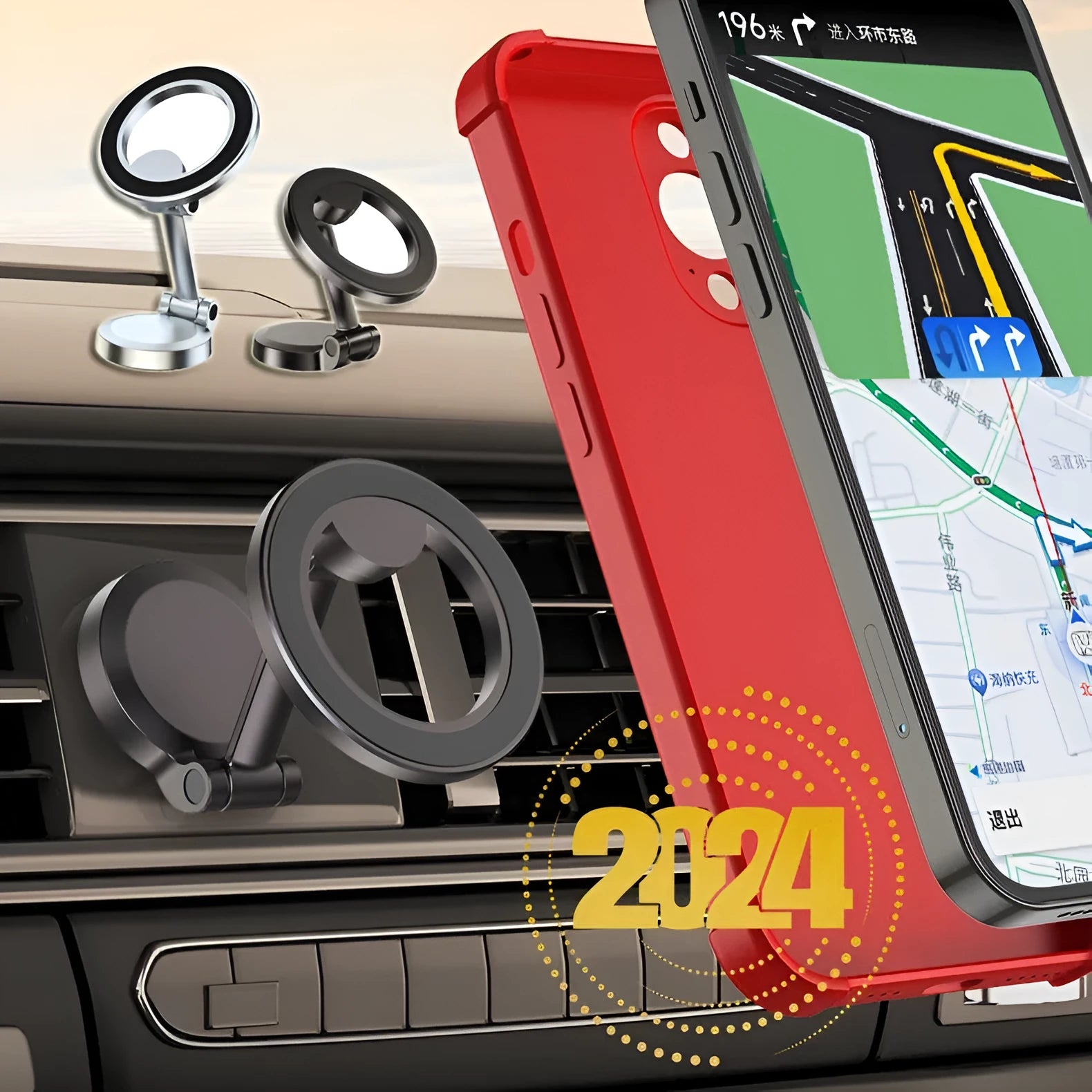 All-metal foldable magnetic car phone holder in Qian colour mounted on vehicle dashboard