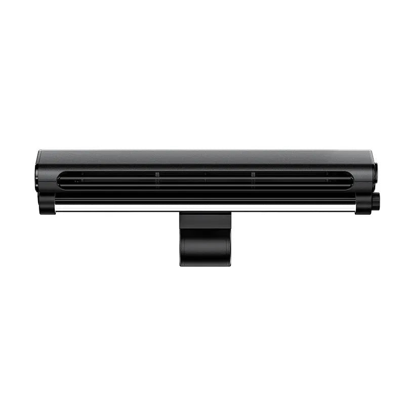Black bladeless USB fan with clip attached to laptop screen showing lighting lamp function