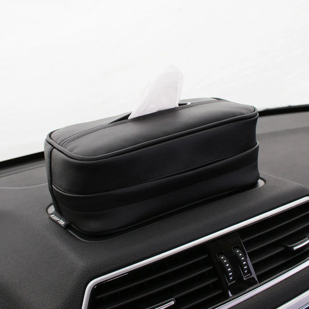 Black leather hanging organiser box with dimensions 230mm x 110mm x 90mm for car storage