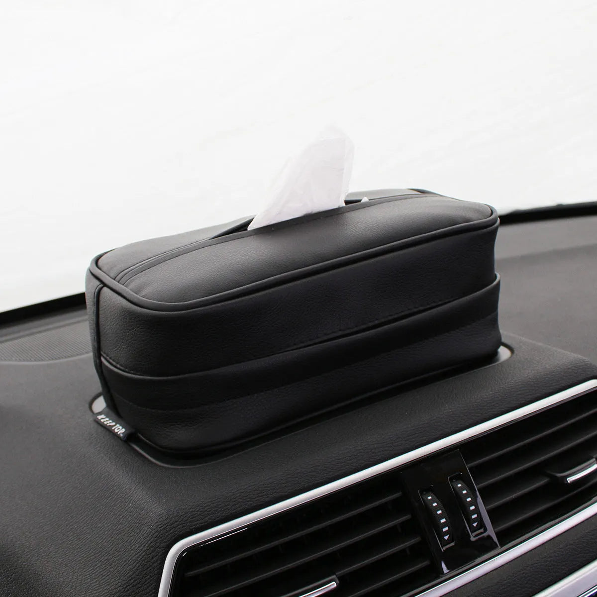 Black leather hanging organiser box with dimensions 230mm x 110mm x 90mm for car storage