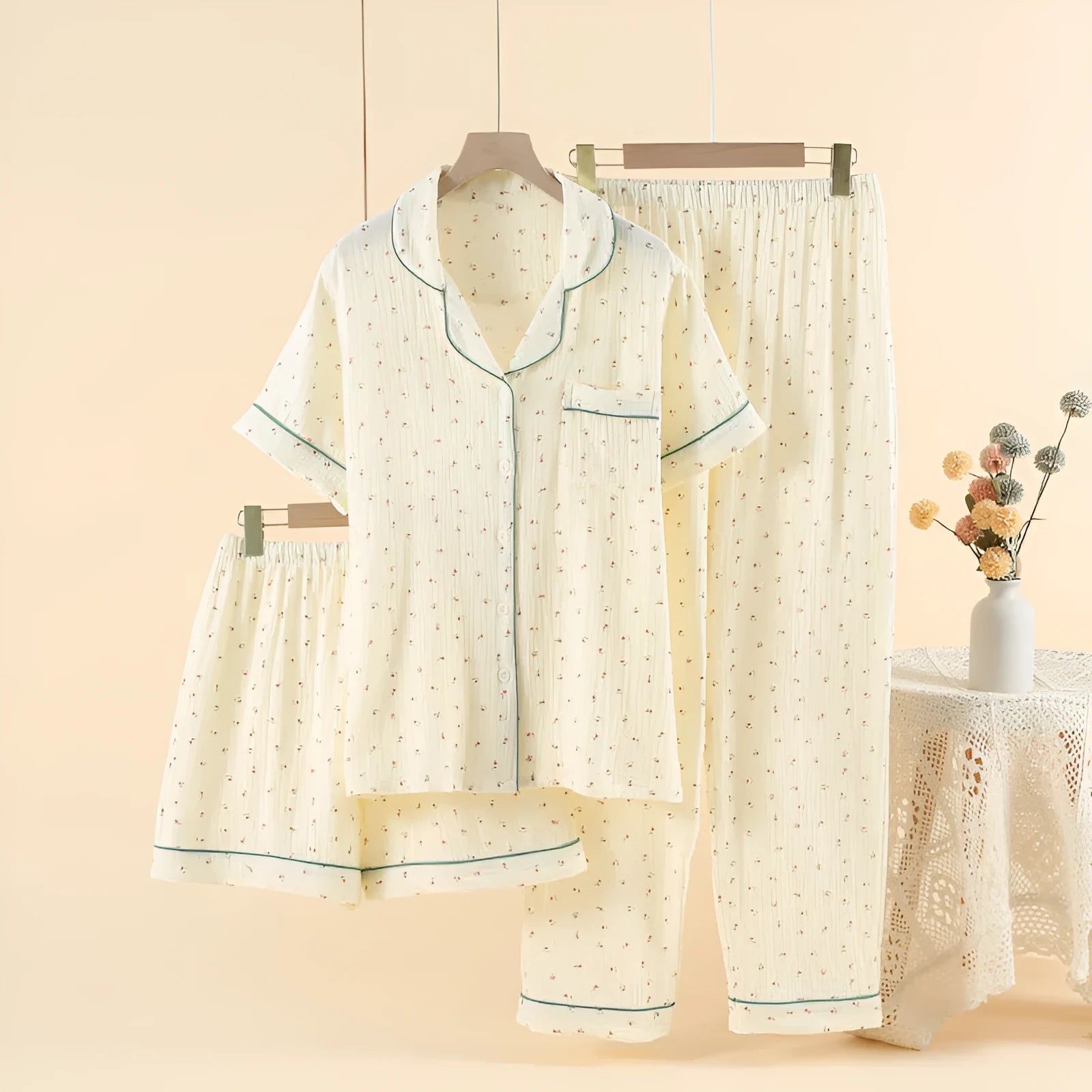 Women's Garden Gold cotton three-piece pajama set with lapel top and trousers