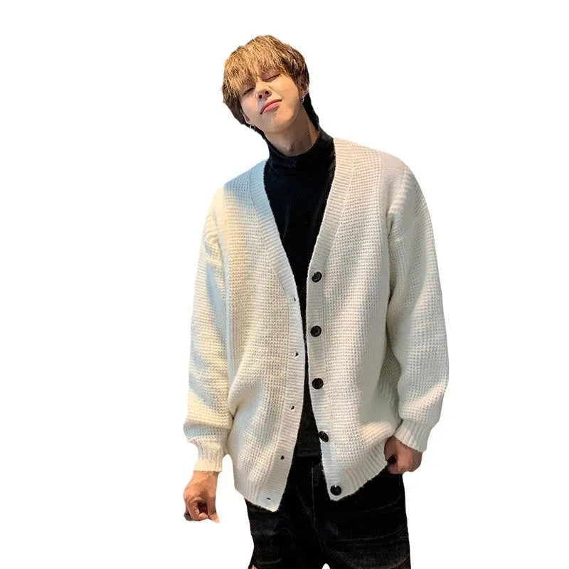 Army green men's V-neck knitted cardigan with long sleeves on a hanger