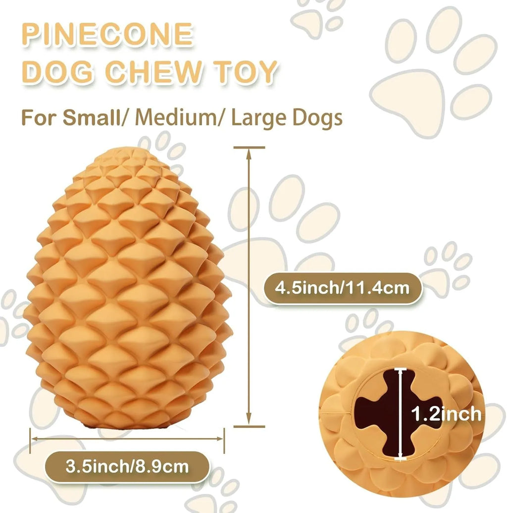 Yellow pine cone-shaped dog chew toy with textured surface and treat dispensing slot