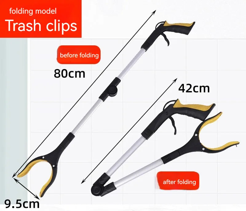 Foldable aluminium garbage clamp with magnet sucker extended to 80cm, showing blue handle option.