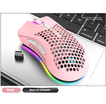 Wireless gaming mouse with hollow-out illuminated design in cyan colour showing ergonomic shape