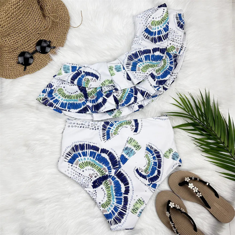 White women's one-shoulder swimsuit with double-layer lotus leaf detailing and split bikini style
