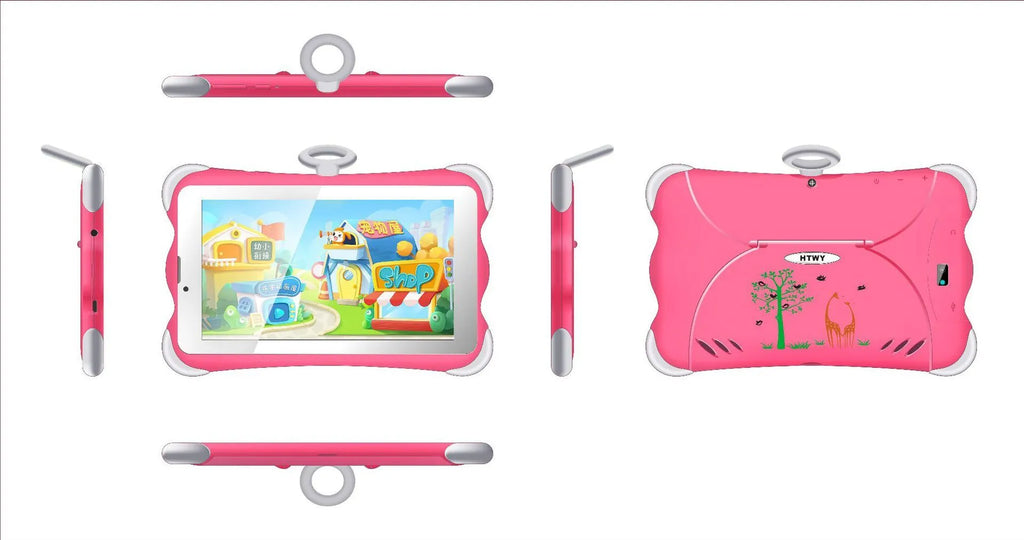 7-inch children's learning tablet in cartoon colours with a stand, showing the screen and 3G call function.